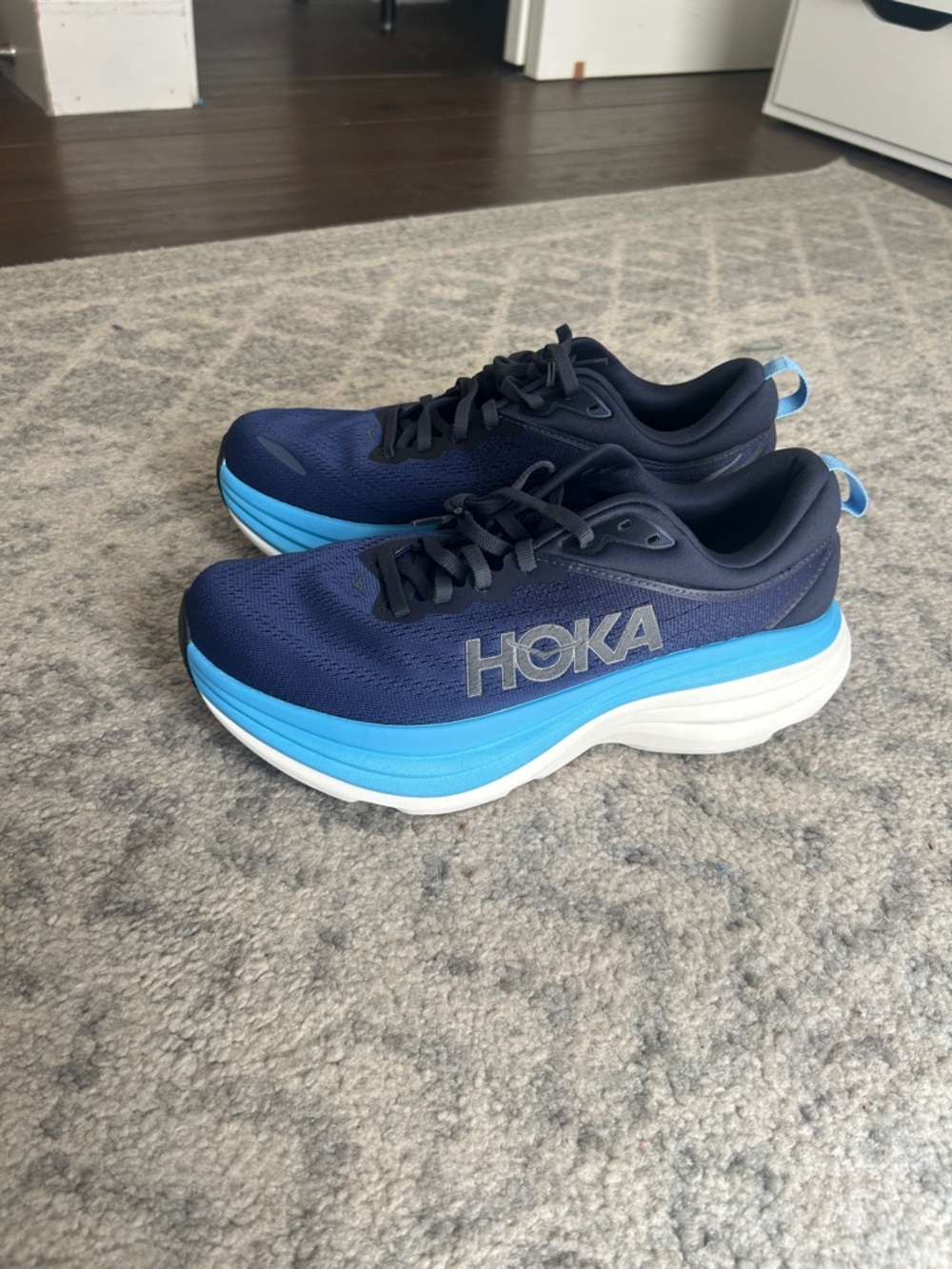 Hoka Navy with Bright Blue and White Platform Running Shoes